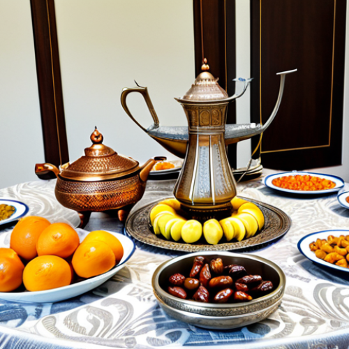 A grand and vibrant Kuwaiti Eid feast displayed on a traditional dining table. The centerpiece is a large platter of richly garnished Majboos, surrounded by smaller bowls of Harees and Jareesh, alongside fresh fruits and dates. Elegant silver serving dishes and intricate copper coffee pots (dallah) are arranged on a clean, classic tablecloth in a warmly lit, traditional Kuwaiti home interior. The scene conveys a sense of family gathering and joyous celebration, fully clothed, appropriate attire, safe for work, appropriate content, family-friendly, perfect anatomy, correct proportions, natural pose, professional photography, high quality.