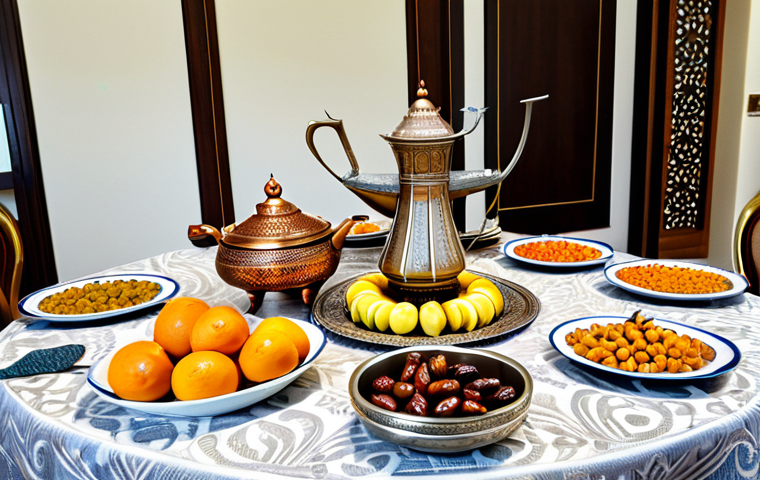 A grand and vibrant Kuwaiti Eid feast displayed on a traditional dining table. The centerpiece is a large platter of richly garnished Majboos, surrounded by smaller bowls of Harees and Jareesh, alongside fresh fruits and dates. Elegant silver serving dishes and intricate copper coffee pots (dallah) are arranged on a clean, classic tablecloth in a warmly lit, traditional Kuwaiti home interior. The scene conveys a sense of family gathering and joyous celebration, fully clothed, appropriate attire, safe for work, appropriate content, family-friendly, perfect anatomy, correct proportions, natural pose, professional photography, high quality.