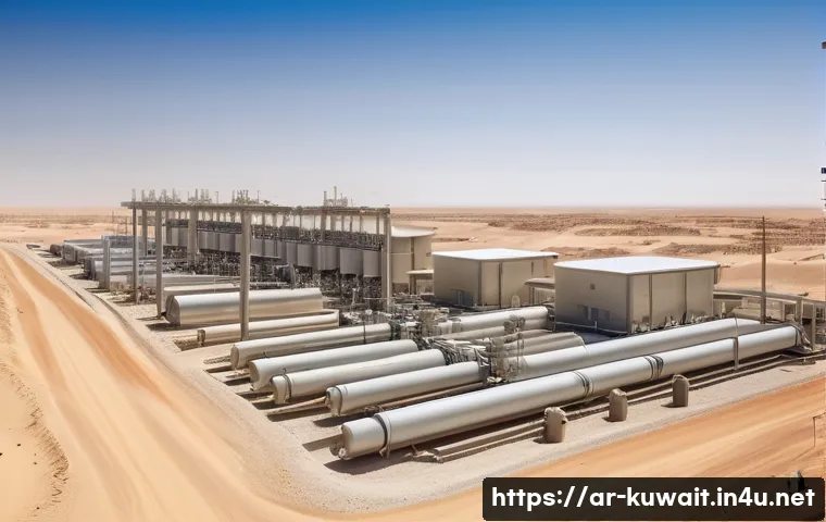 쿠웨이트 전쟁 후 재건 사례 - A highly detailed and realistic depiction of a modern Kuwaiti water and electricity infrastructure r...