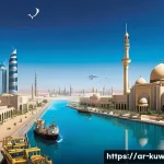 쿠웨이트와 사우디 관계 비교 - A vibrant and detailed illustration of a bustling Gulf economic zone shared between Kuwait and Saudi...
