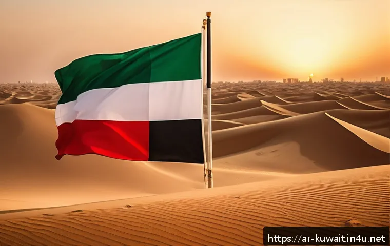 쿠웨이트 국기 색깔 의미 - A highly detailed, vibrant depiction of the Kuwaiti flag waving proudly in a desert landscape at sun...