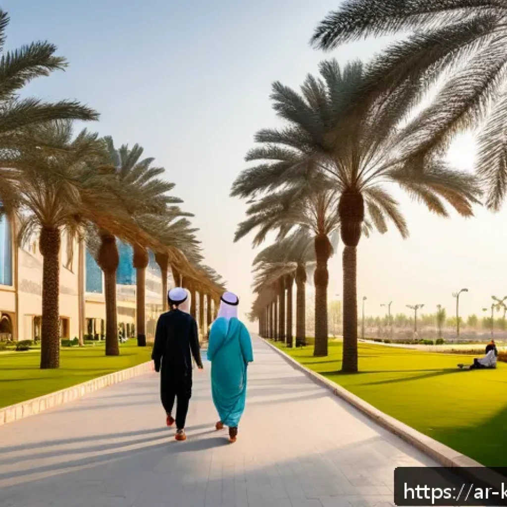 쿠웨이트의 여름 평균 기온 - A vibrant urban scene in Kuwait during early morning hours, showing diverse people wearing light, lo...