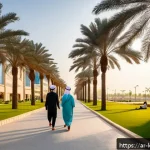 쿠웨이트의 여름 평균 기온 - A vibrant urban scene in Kuwait during early morning hours, showing diverse people wearing light, lo...