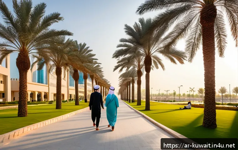 쿠웨이트의 여름 평균 기온 - A vibrant urban scene in Kuwait during early morning hours, showing diverse people wearing light, lo...