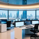쿠웨이트의 경제 자유화 사례 - A modern Kuwaiti government office interior showcasing a digital transformation hub: sleek desks wit...