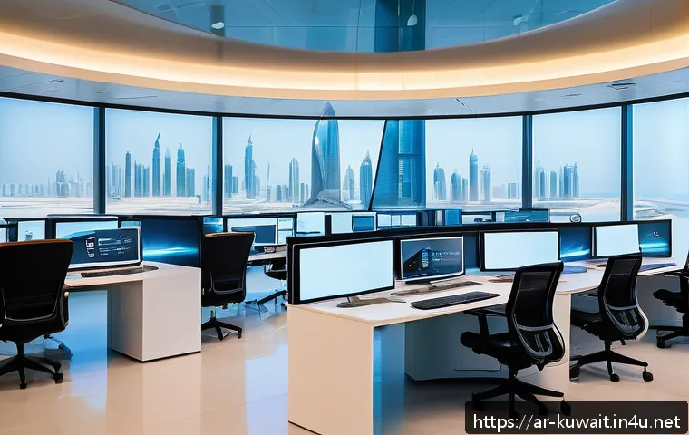 쿠웨이트의 경제 자유화 사례 - A modern Kuwaiti government office interior showcasing a digital transformation hub: sleek desks wit...