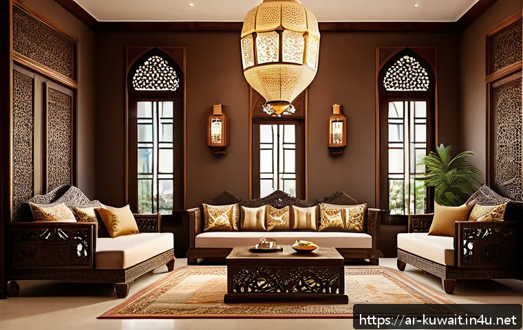 쿠웨이트 가정의 전통 가구 - A traditional Kuwaiti living room showcasing an ornately carved wooden sofa made from local sidr woo...