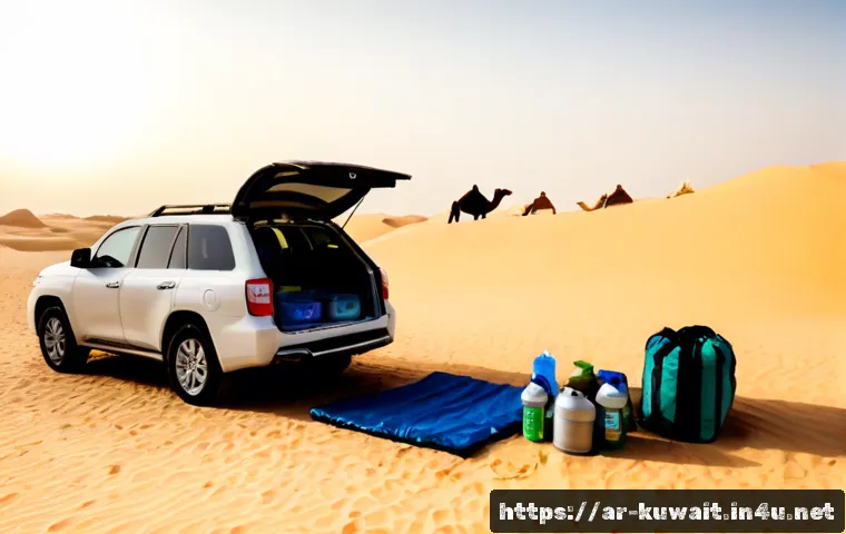 쿠웨이트 사막 캠핑 준비물 - Photorealistic Kuwait desert camping preparation scene at golden hour, organized essential gear besi...