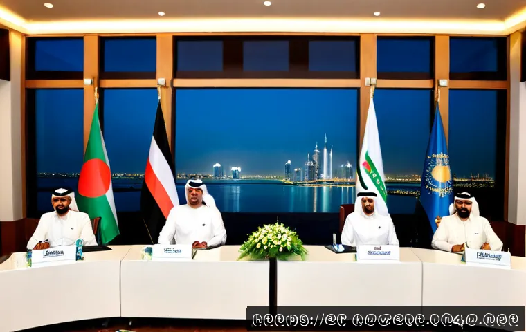 쿠웨이트 외교 관계 분석 - Photorealistic diplomatic meeting in Kuwait City, an Arab Kuwaiti diplomat in a crisp white dishdash...